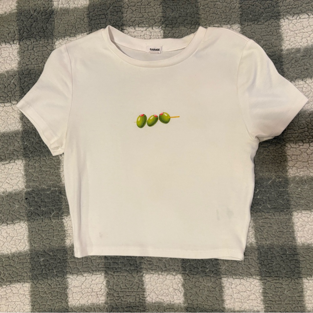 Garage White Crop Top with Olive Design